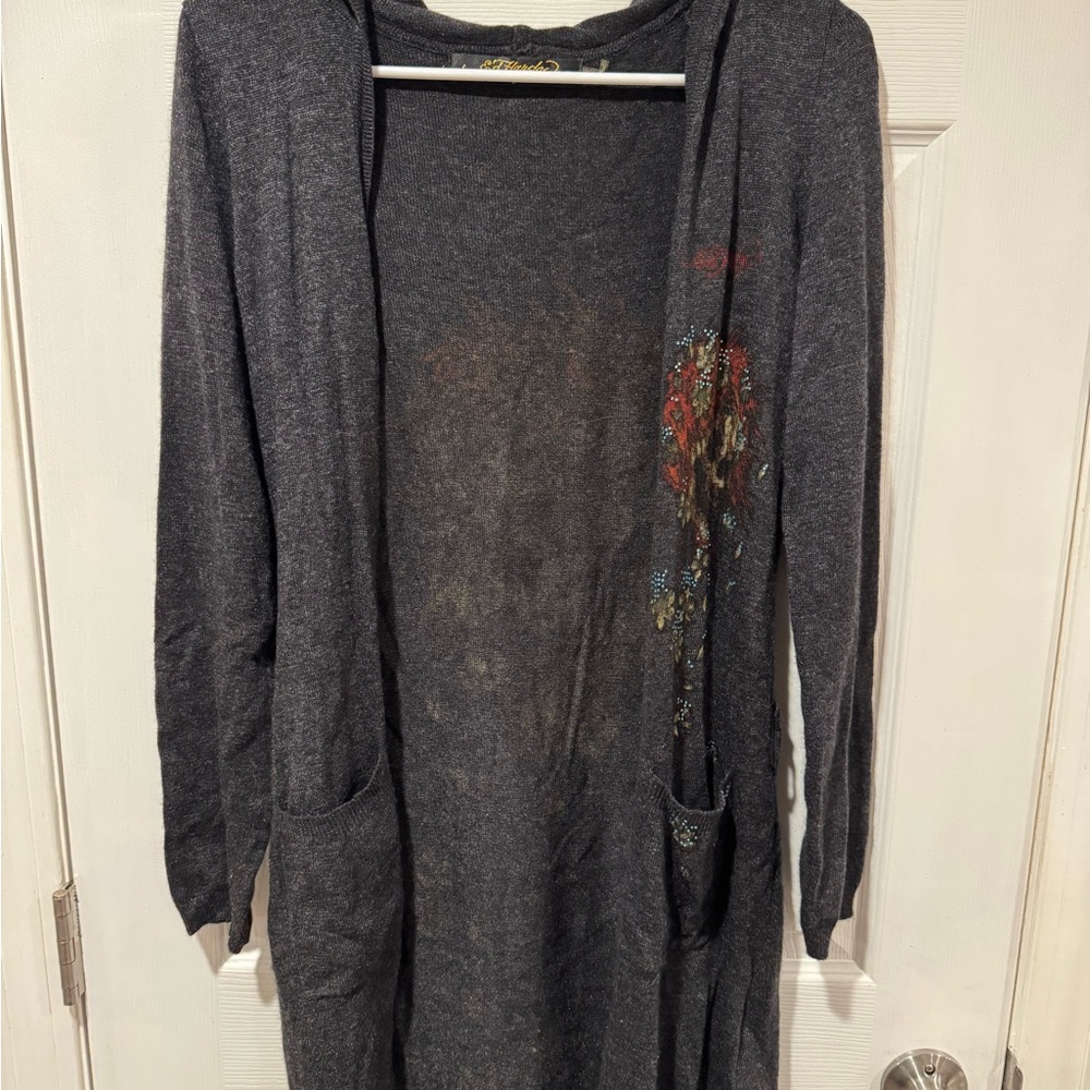 Ed Hardy Charcoal Cardigan with Floral and Skull Accents